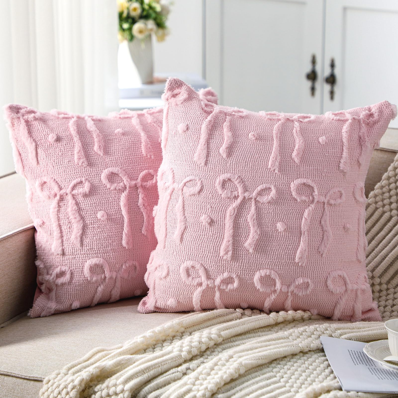 Pillow Insert 18X18 - ピンクのリボン柄クッションカバー 18x18 コケット装飾枕カバー ソフトプラッシュフェイクウール風枕カバー プレッピールームデコレーション