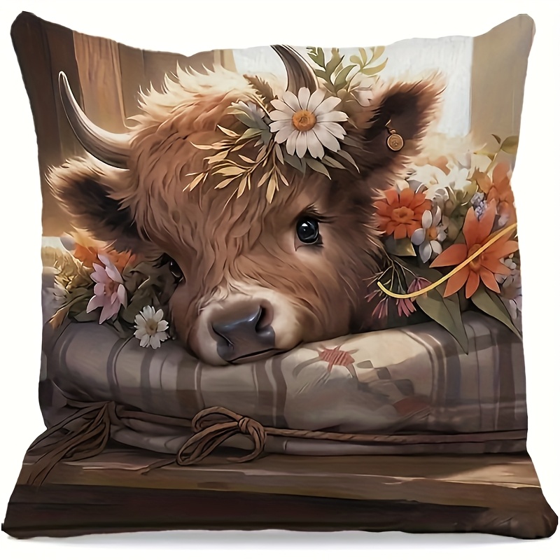 2Dフラット - ハイランドカウ柄枕カバー1枚、2Dフラット - Pillow Insert 18X18 のレビューと価格