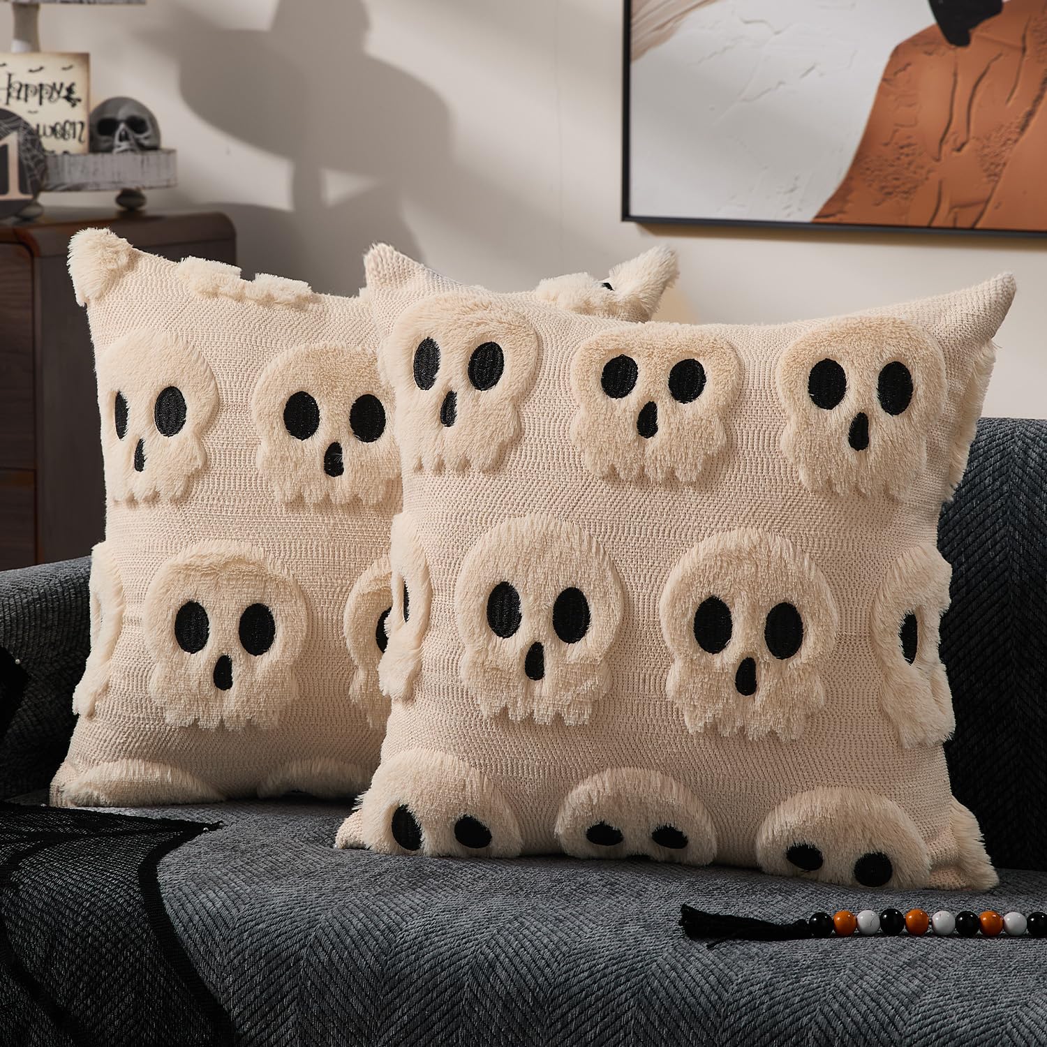 ハロウィン枕カバー 18x18 インチ ベージュ スケルトン - Pillow Insert 18X18 のレビューと価格